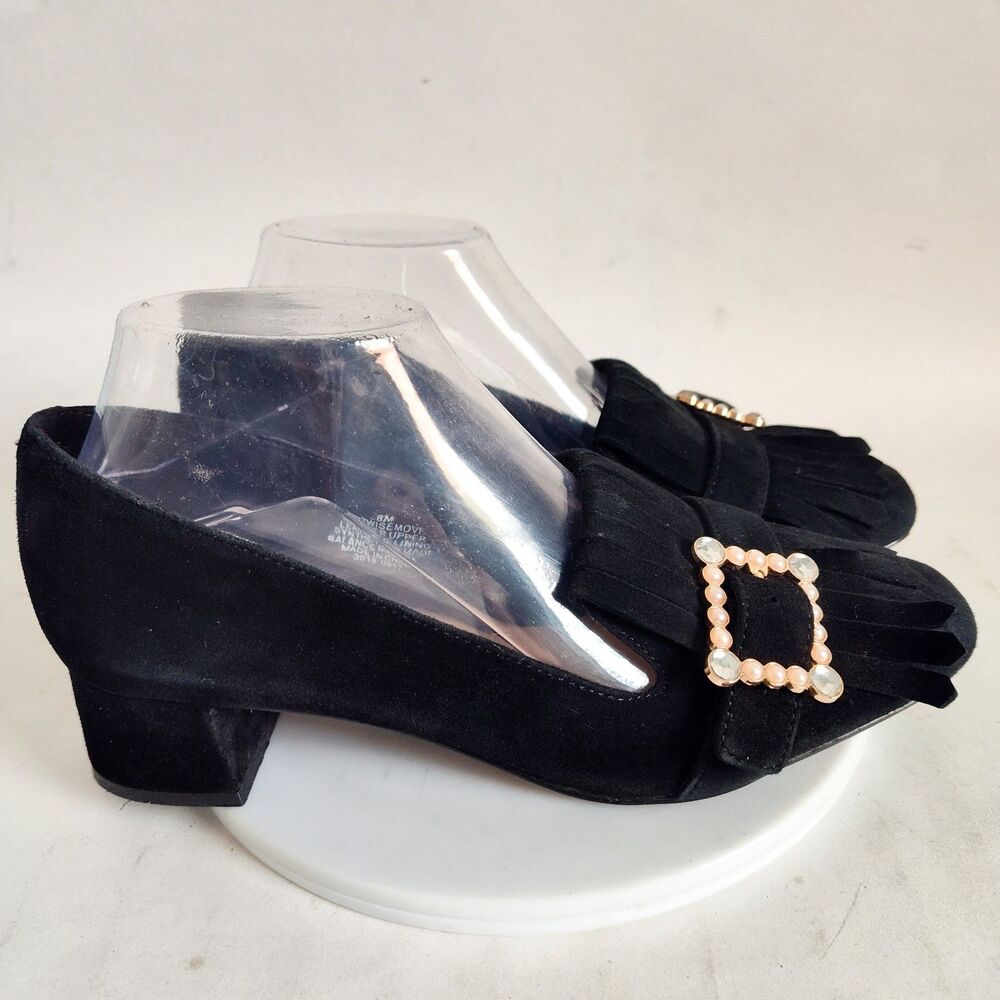 Nine West Pumps Size 8 Black Suede Leather Low Block Heels Office Kilty Pilgram - Picture 2 of 12
